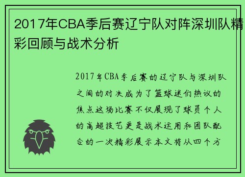 2017年CBA季后赛辽宁队对阵深圳队精彩回顾与战术分析